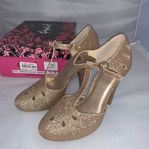 Qupid Champagne T-Strap Heels